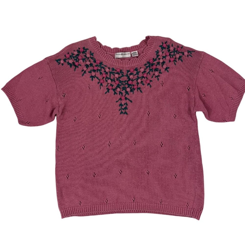 Vintage Maggie Lawrence Pink Knit Sweater Floral Embroidery Short Sleeves